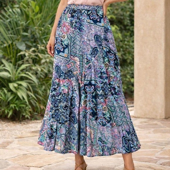 Soft Surroundings Blue Pink Paisley Patchwork Tiered Boho Maxi Skirt 2GI34 Small