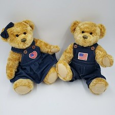 Patriotic Teddy Bear Plush Couple Denim Jointed Stuffed Animal 11" Americana Set