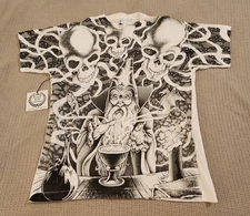 Vintage AOP Wizard & Skulls Single Stitch Tee, White/Black, Size Large
