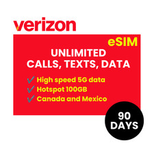 Verizon Prepaid eSIM - USA 90 days Unlimited High Speed Data/Calls/Texts
