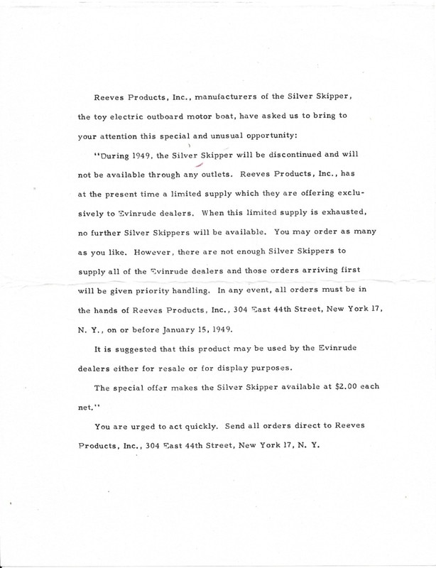 1949 Silver Skipper Reeves Products NY Closeout Sale to Evinrude dealers letter