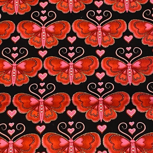 1 YD Glittered Heart Butterflies Fabric Traditions Red Black Cotton - Picture 3 of 4