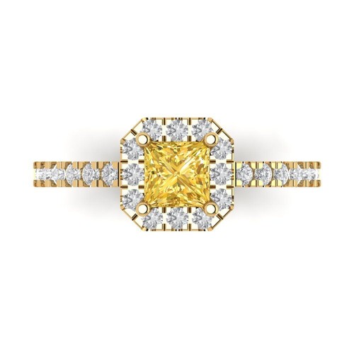 Anillo de compromiso con halo de diamantes amarillos simulados de princesa de 0,89 quilates, oro amarillo de 14 quilates - Imagen 1 de 11