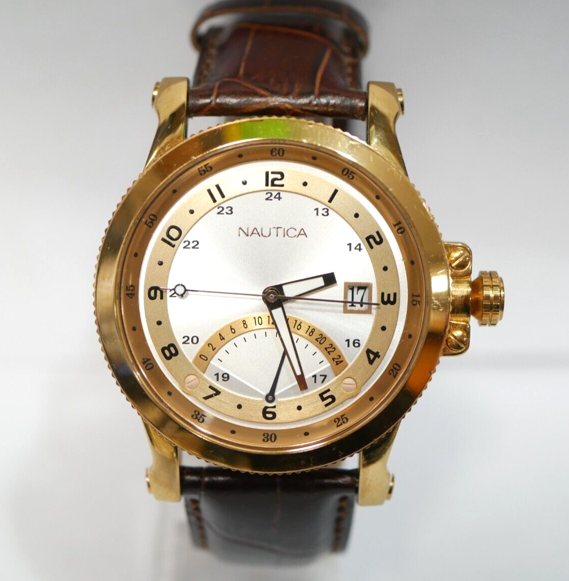 Nautica Men's Watch A15554 Gold Tone with Brown Leather Band | eBay