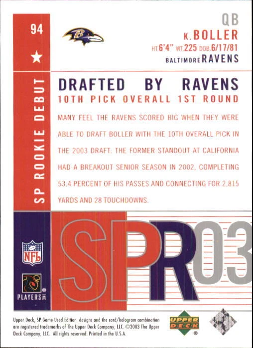 A9638- 2003 SP Game Used Edition #94 Kyle Boller RC /600 Ravens Rookie NM-MT - Image 2 of 2