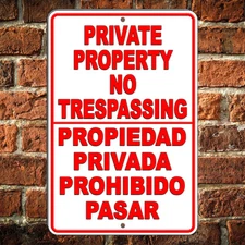 Spanish English Sign Private Property No Trespassing Keep Out Metal Aluminum
