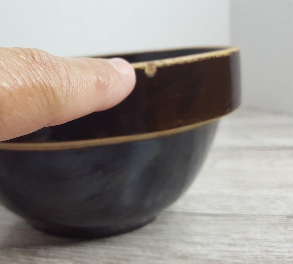 Stoneware Mixing Serving Bowl Brown Glaze Raised Bottom Crock Antique