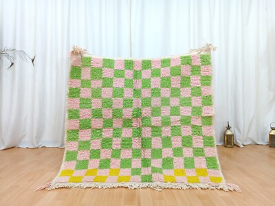 4x4 Area Checkerboard Berber Moroccan Rug Green Pink Yellow Handmade Wool Carpet