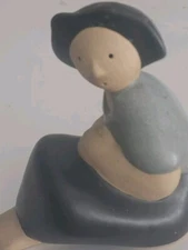 Native American Lady Folk Art Clay Minimalist Figurine Tan Black Grey Retro VTG