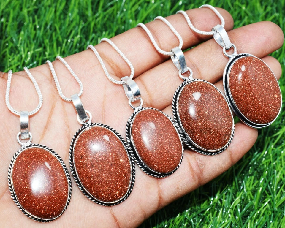 Lote de 5 piezas colgantes con cadena con piedras preciosas de piedra solar chapadas en plata 925 al por mayor Foto 3 de 4