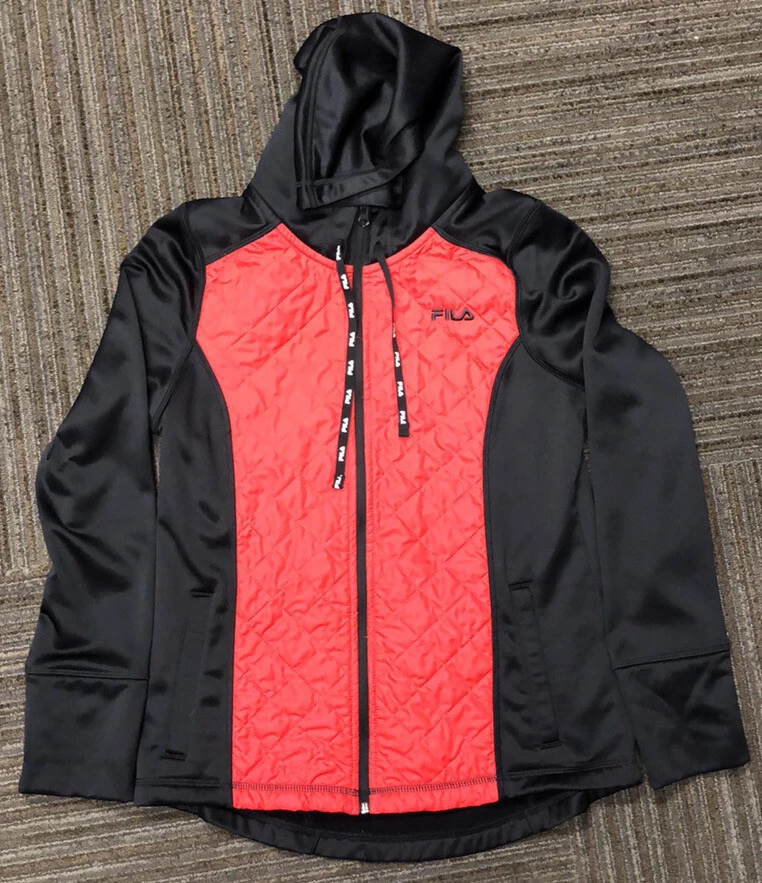 Women s FILA Quilted Red Black Zip Up Long Sleeve Jacket Hoodie Size Medium
