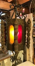 Vintage 1960s Spanish Revival Wood & Iron Chandelier Swag Lamp w/Red &Amber Lens