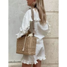 Commense Pure Cotton White Ruffled Detail Two-Piece Set Beach Vacation Outfit M