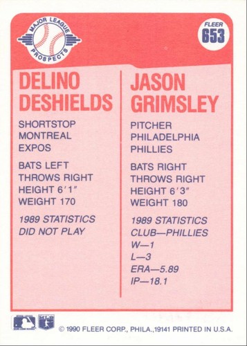 1990 Fleer Delino DeShields / Jason Grimsley ML Prospects #653 - Picture 2 of 2