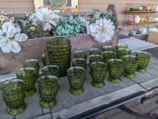 Vintage Indiana Glass Whitehall Cubist Avocado Green (18) Glasses & Pitcher