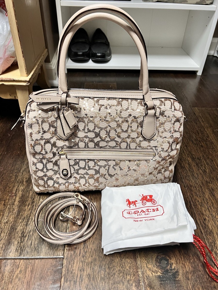 Coach Champagne Leather Gold Sequined Poppy Signature East West 