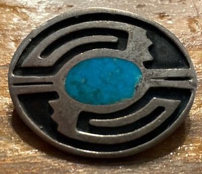 Navajo Sandcast Sterling Pin Brooch Vintage Inlay Turquoise 8 Grams    