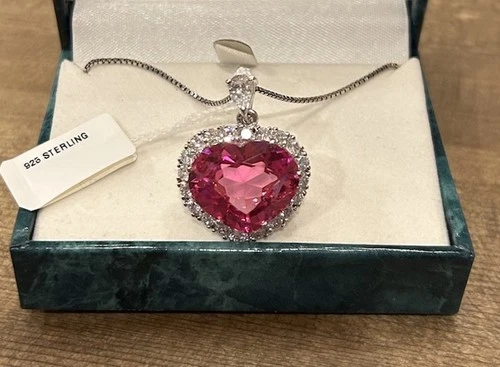 Vtg Suzanne Somers .925 Sterling Large Pink CZ Heart Pendant Necklace Halo + Box
