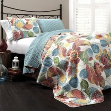 Layla Quilt Floral Leaf Print 3 Piece Reversible Bedding Set Full/Queen Orange