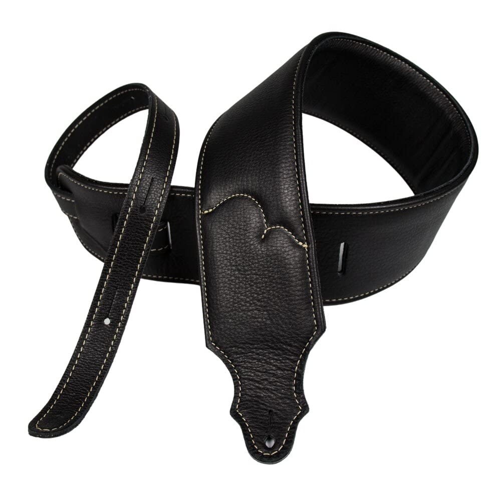 Leather Guitar Strap 2.5in Wide Padded Foam Core Adjustable 37-53in Black