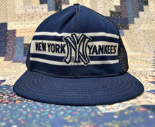 New York Yankees Baseball Trucker Hat Blue White NY Superstripe 80s Vintage