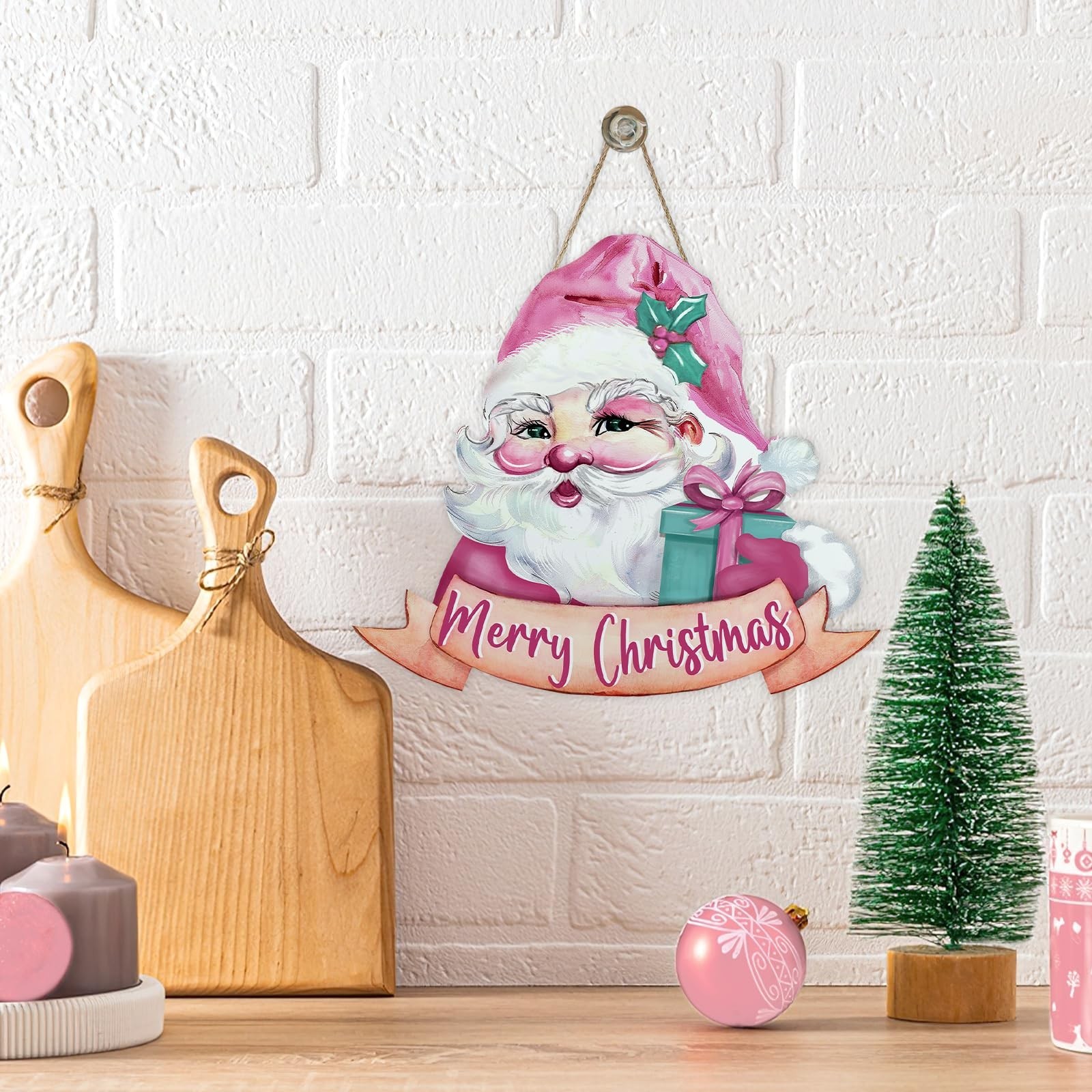Merry Christmas Pink Santa Claus Front Door Sign, Xmas Gift Wood Hanger Outdo...