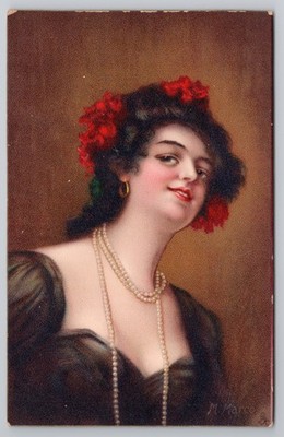 c1905 Tuck Paris 690P Glamour Lady Pearls Red Flowers M Morco unbenutzte Karte