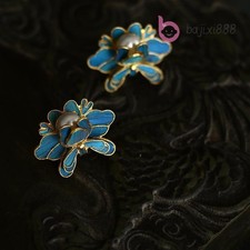 Cloisonn Earings Stud Retro Enamel Blue Flower Earrings Women Exquisite Jewelry