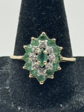 9ct Yellow Gold Emerald & Diamond Cluster Ring - Size Q - 2.2g - Beautiful
