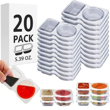 20 Pcs Clear Condiment Containers, Dual Compartment Snack Boxes, Reusable Lids