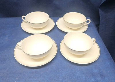 Vintage Lettin Porcelain Germany 4 Sets Cups/Saucers, White/Gold Trim EUC 