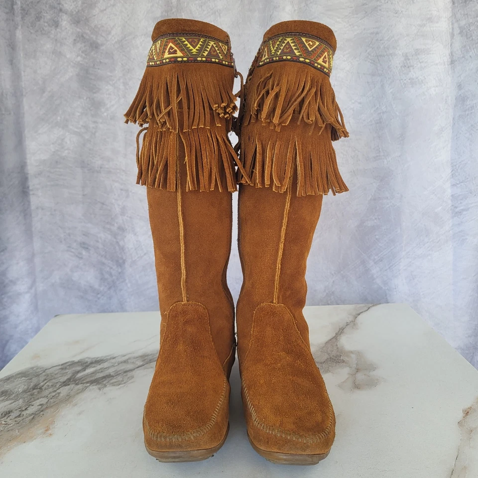 Minnetonka Knee High Suede Lace Up Fringe Aztec Moccasin Boots Women's 8 - Imagem 3 de 4