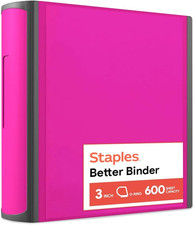 Staples Heavy-Duty 3-Inch D-Ring Binder, Pink   Large Capacity 3-Ring Binder, Ho