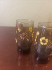 Set of 3 VTG Smoky Amber Brown Glasses Yellow Gold Orange Daisies Poppies Floral — photo 2