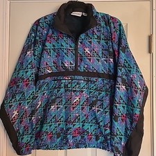 Vintage 90s Sz S Reebok Teal Multicolor 1/2 Zip Anorak Windbreaker Jacket Hood