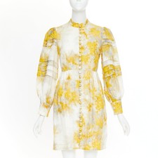 ZIMMERMANN 2021 Botanica yellow grey linen Wattle floral puff sleeve dress Sz1 S