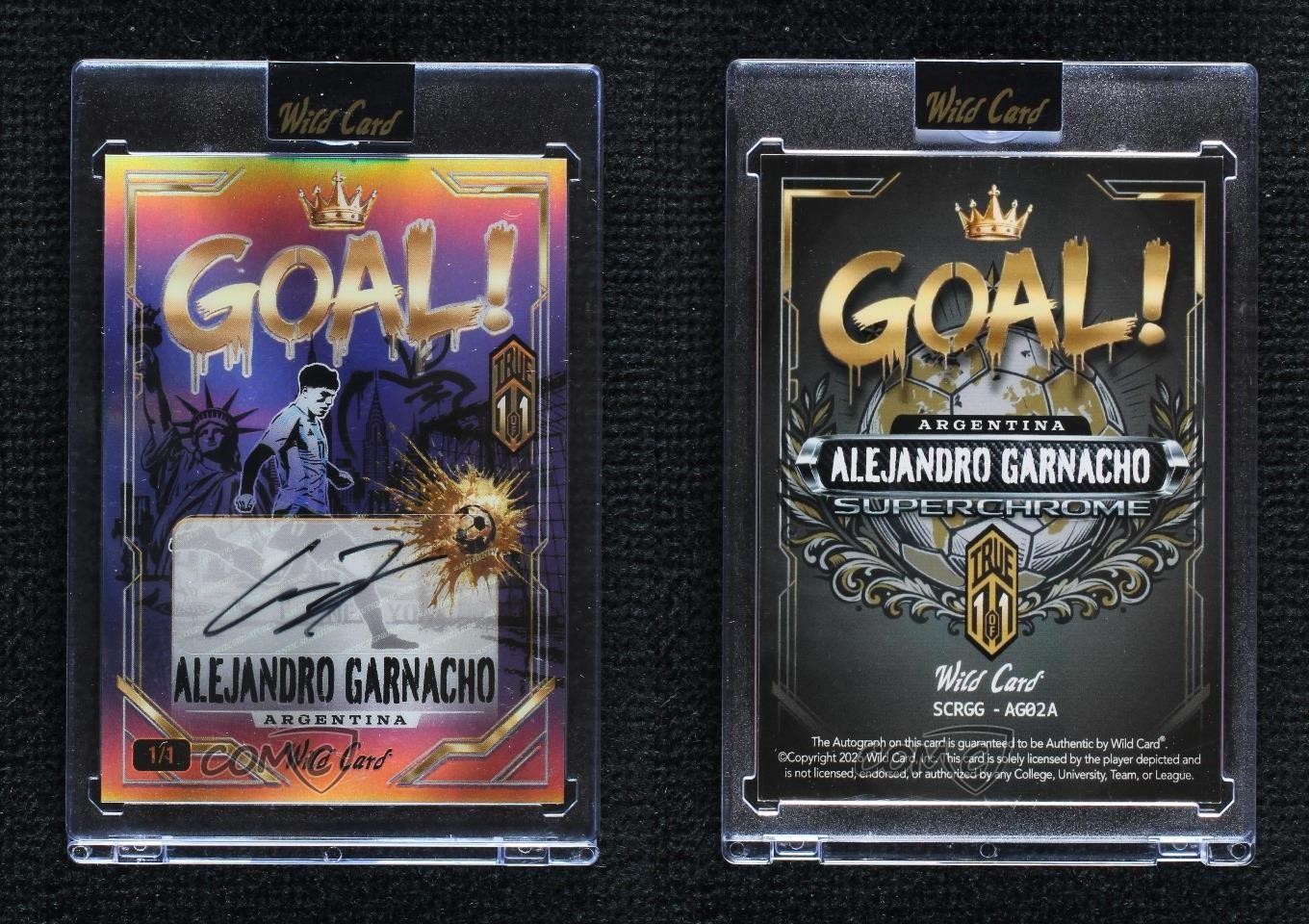 2026 Wild Card Super Chrome Soccer Goal Rainbow Foil 1/1 Alejandro Garnacho Auto view 3