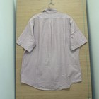 Pink and blue vertically striped LL Bean men’s short sleeve Oxford shirt with button-down back, displayed on wooden hanger.