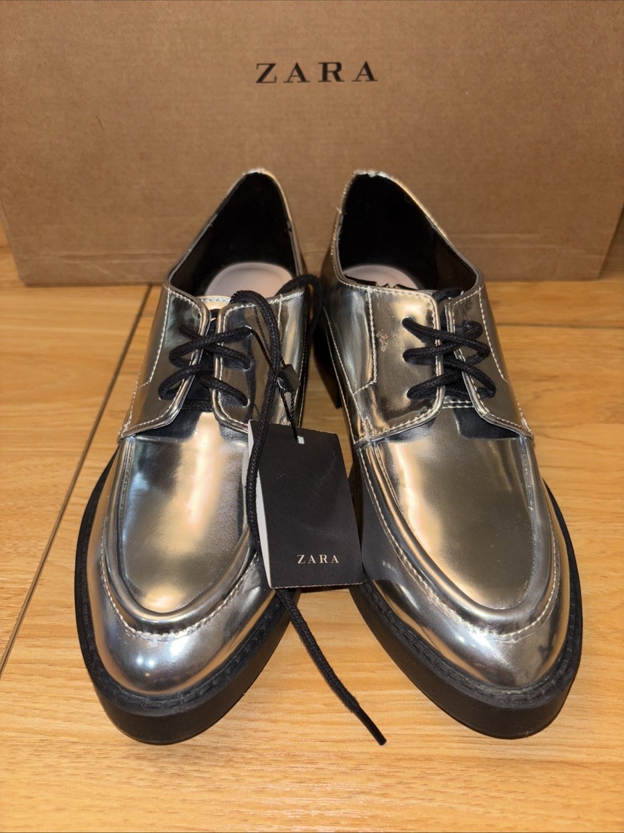 New Zara Metallic Silver Flat Round Toe Loafers Size 6 | eBay display picture 1