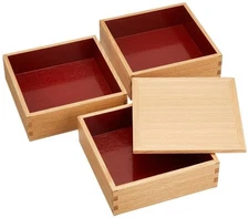 White lacquered ash 15cm three-tiered box with red interior, Japanese Jubako New