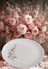 VTG Meat Platter Dish White Meat Platter Large Silver Rim Tray Rose Cottage NEW