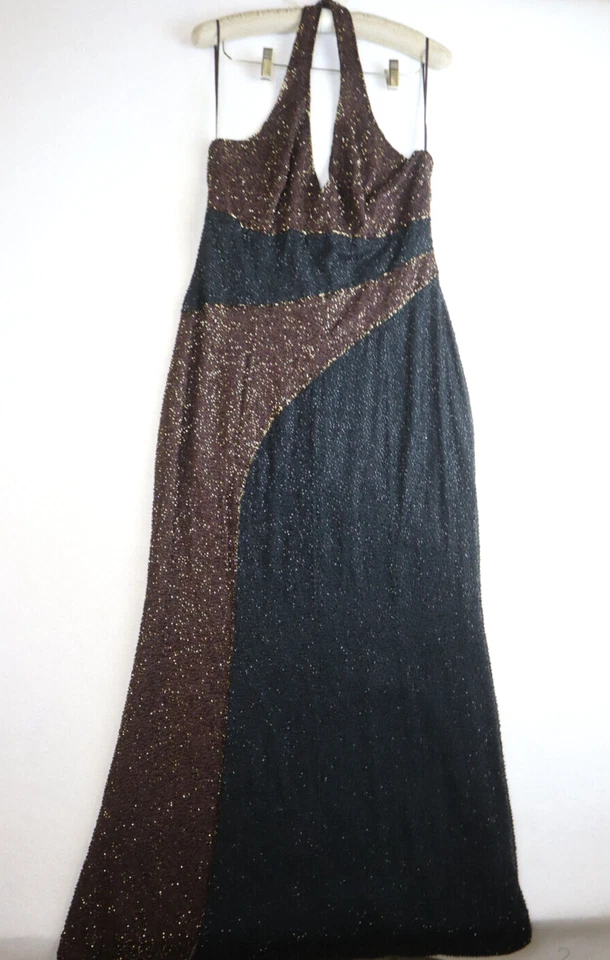 VESTIDO NEGRO TIE OLEG CASSINI SEDA TOTALMENTE CUENTAS NEGRO MARRÓN REMOLINO TOTALMENTE CUENTAS 12 Foto 3 de 4