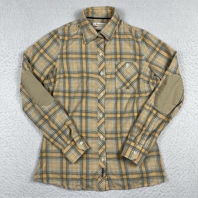 Barbour Shirt Womens 4 Orange Plaid Fadmoore Elbow Patches Casual Ladies Top