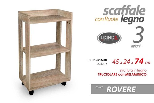 SCAFFALE MOBILETTO CON RUOTE CARRELLO CUCINA SALOTTO BAGNO ROVERE 45*24*H74cm - Foto 10 di 11