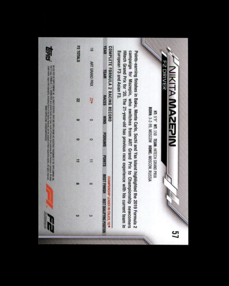 2020 Topps Chrome Formula 1 #57 Nikita Mazepin (ref 164873) - Image 2 of 2