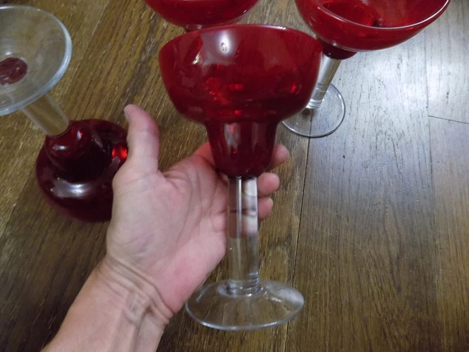 Lote Juego 4 Vidrio Artístico Burbuja Roja Soplado a Mano Grande 7" Vidrio Margarita con Vástago Transparente Foto 4 de 4