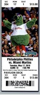 Miami Marlins vs Philadelphia Phillies 5/17/2016 Ticket  Phillie Phanatic Mascot
