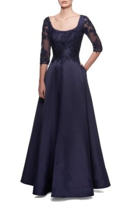 La Femme Navy Blue 3/4-sleeve A-line Mikado Gown With Lace Applique Size 8 $498