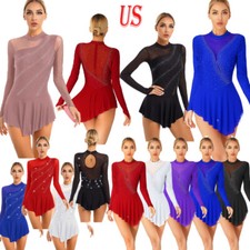 Women Long Sleeve Shiny Lyrical Dance Dress Ice Skating Dress Dance Leotard