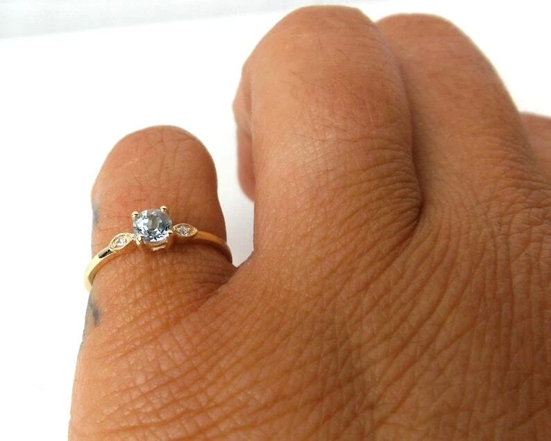 14k Gelbgold Natürlich Aquamarin Und Diamanten Minimalist Damen Zierliche Ring - Bild 3 von 4